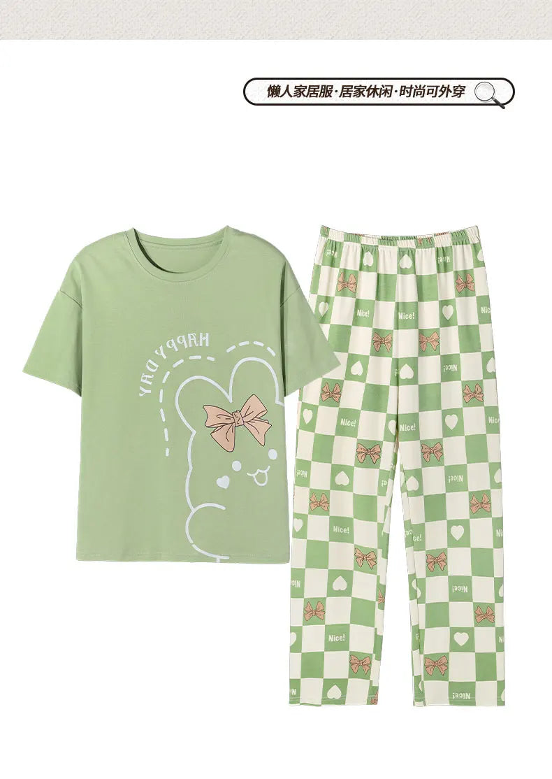 New Pajama Soft Cotton Pajamas for Women Summer Short Sleeved Plaid Pants Pijamas Korean Kawaii Rabbit Print Sleepwear