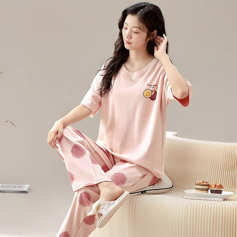 New Pajama Soft Cotton Pajamas for Women Summer Short Sleeved Plaid Pants Pijamas Korean Kawaii Rabbit Print Sleepwear