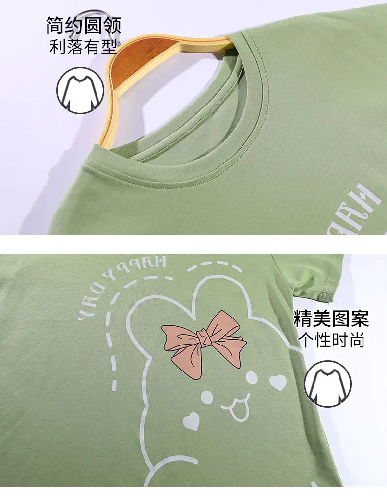 New Pajama Soft Cotton Pajamas for Women Summer Short Sleeved Plaid Pants Pijamas Korean Kawaii Rabbit Print Sleepwear