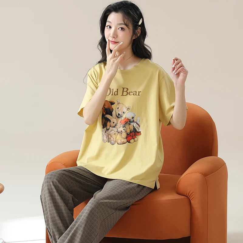 New Pajama Soft Cotton Pajamas for Women Summer Short Sleeved Plaid Pants Pijamas Korean Kawaii Rabbit Print Sleepwear