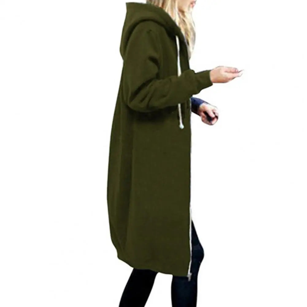 Plush Hooded Drawstring Women Jacket Thick Long Sleeves Zip Up Knee Length Autumn Coat Hooded Long Loose Winter Sweatshirt