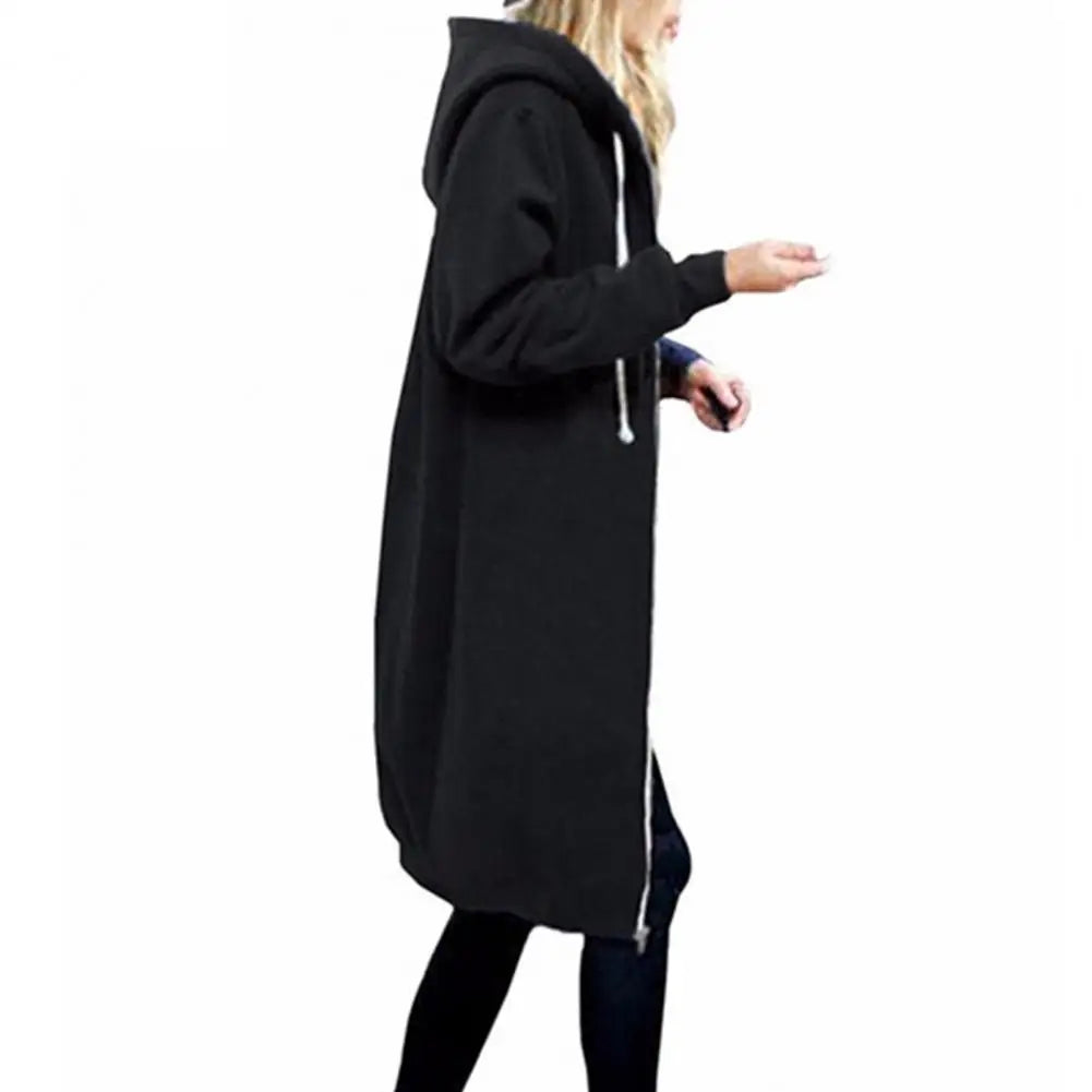 Plush Hooded Drawstring Women Jacket Thick Long Sleeves Zip Up Knee Length Autumn Coat Hooded Long Loose Winter Sweatshirt