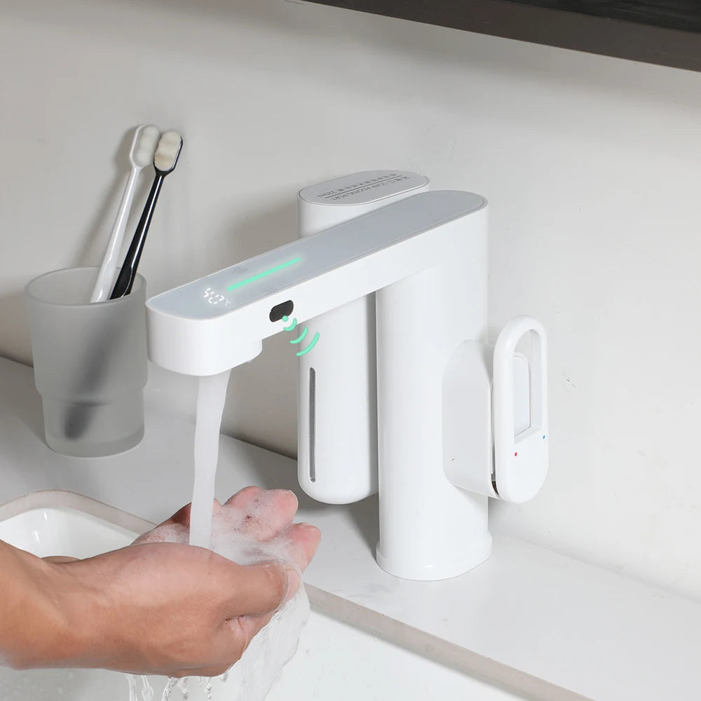 SINLAKU Bathroom Basin Sensor Faucet With Foam Soap Dispenser Deck Mounted Single Hole Stream Outlet Touch Free Mixer Taps