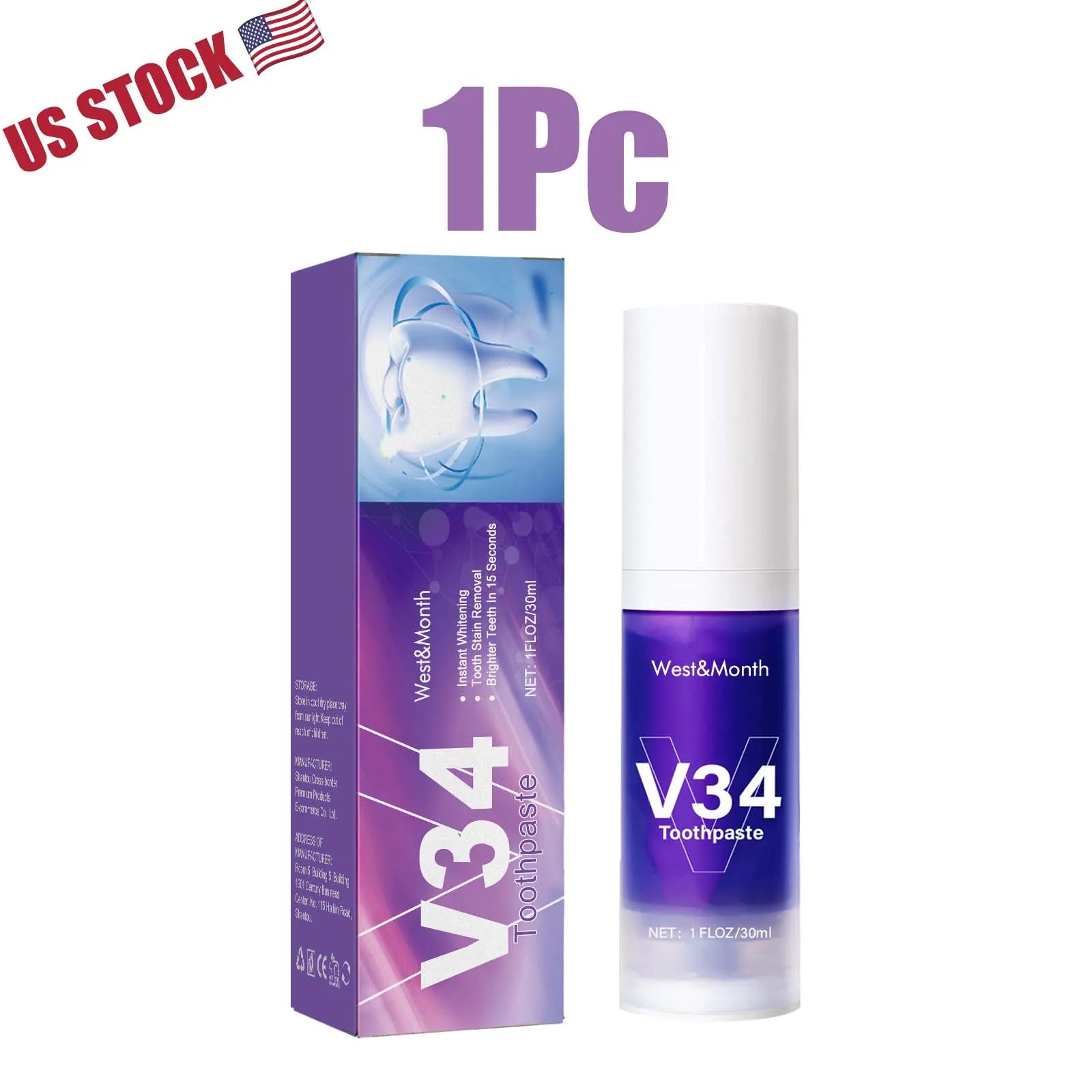 V34 Teeth Whitening Mousse, Purple Color Corrector Toothpaste, Dental Care, 30ml