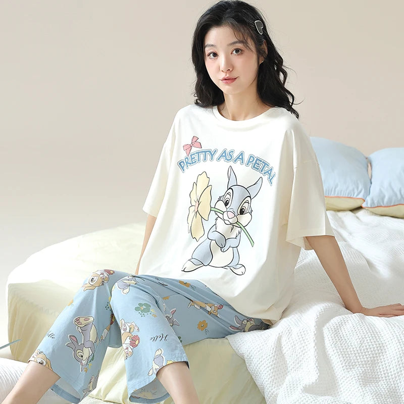 New Pajama Soft Cotton Pajamas for Women Summer Short Sleeved Plaid Pants Pijamas Korean Kawaii Rabbit Print Sleepwear