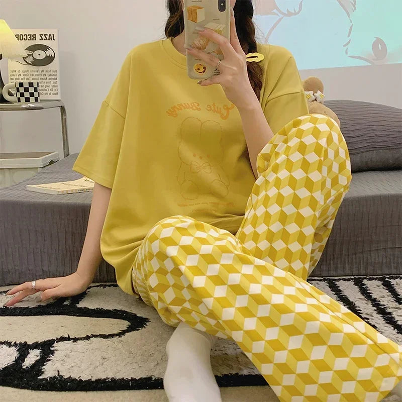 New Pajama Soft Cotton Pajamas for Women Summer Short Sleeved Plaid Pants Pijamas Korean Kawaii Rabbit Print Sleepwear