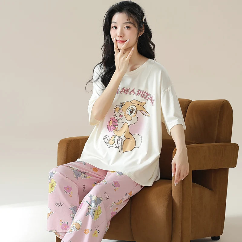 New Pajama Soft Cotton Pajamas for Women Summer Short Sleeved Plaid Pants Pijamas Korean Kawaii Rabbit Print Sleepwear