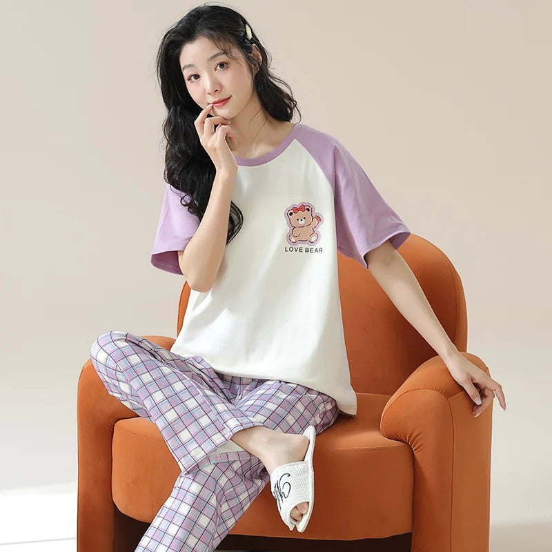 New Pajama Soft Cotton Pajamas for Women Summer Short Sleeved Plaid Pants Pijamas Korean Kawaii Rabbit Print Sleepwear