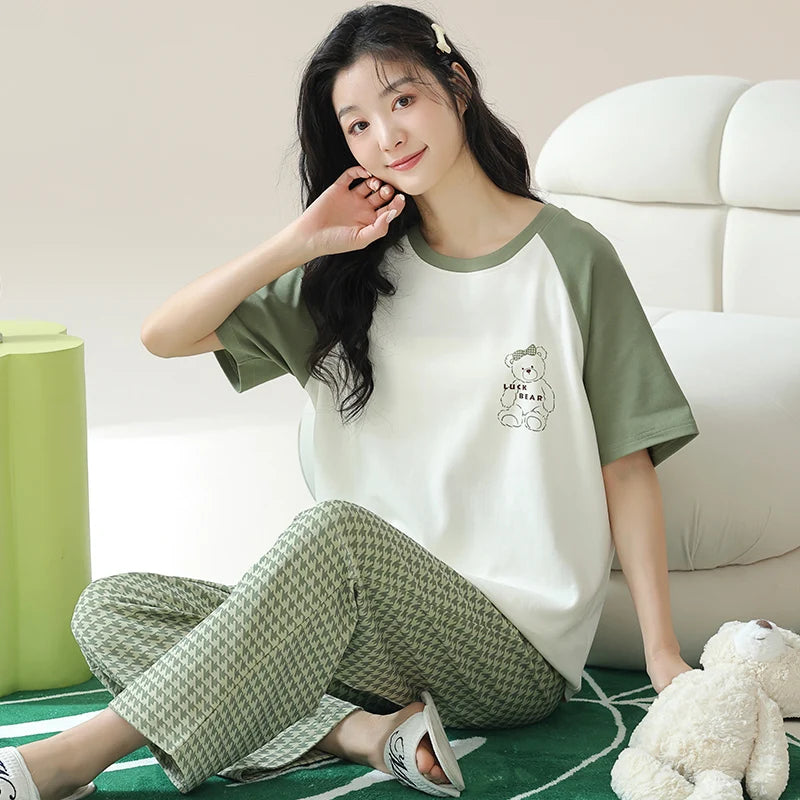New Pajama Soft Cotton Pajamas for Women Summer Short Sleeved Plaid Pants Pijamas Korean Kawaii Rabbit Print Sleepwear