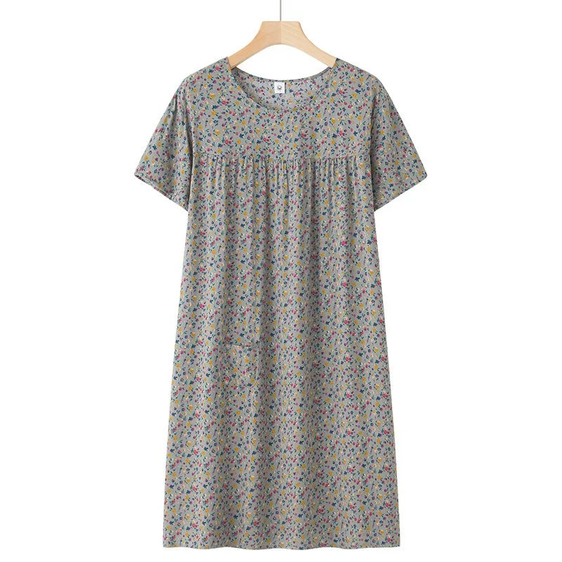 Middle-Aged and Elderly Short Sleeve Nightdresses Women Pajamas Summer Thin Loose Dresses Printed Ladies Sleepwear Homewear