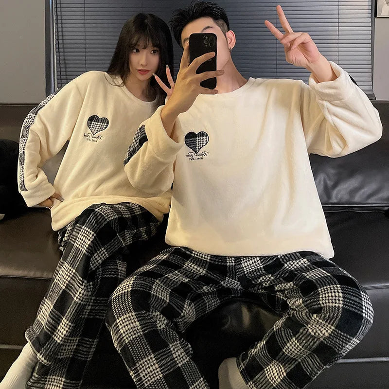 Couple Pajamas Set Winter Flannel Pyjamas Women Home Wear Nightwear 2Pcs Men's Sleepwear Cartoon Panda Pijama Warm Clothes Suit