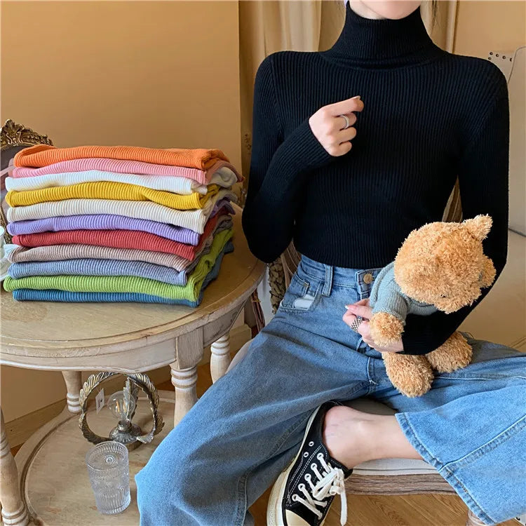 2026 Autumn Winter Women Long Sleeve Knitted Foldover Turtleneck Ribbed Pull Sweater Soft Warm Femme Jumper Pullover Clothes