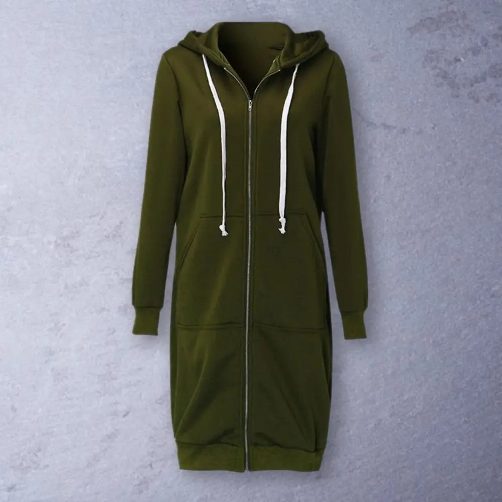 Plush Hooded Drawstring Women Jacket Thick Long Sleeves Zip Up Knee Length Autumn Coat Hooded Long Loose Winter Sweatshirt