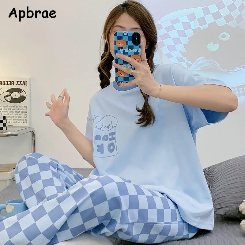 New Pajama Soft Cotton Pajamas for Women Summer Short Sleeved Plaid Pants Pijamas Korean Kawaii Rabbit Print Sleepwear