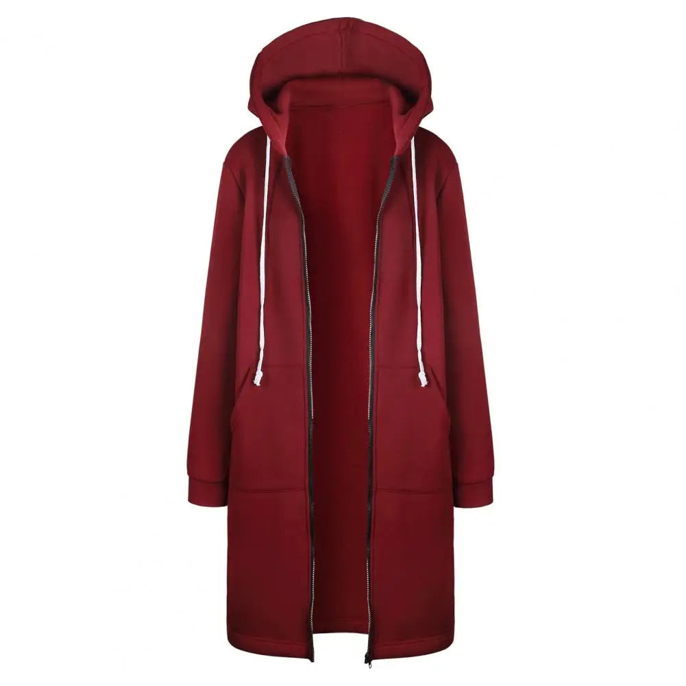 Plush Hooded Drawstring Women Jacket Thick Long Sleeves Zip Up Knee Length Autumn Coat Hooded Long Loose Winter Sweatshirt