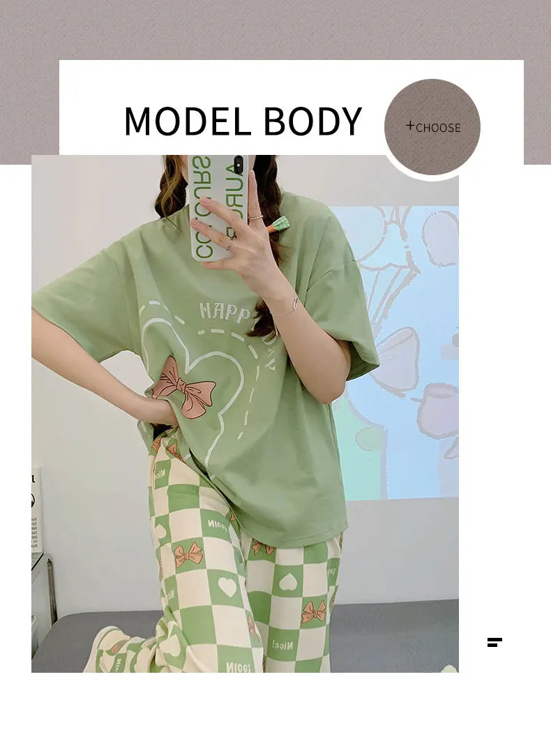 New Pajama Soft Cotton Pajamas for Women Summer Short Sleeved Plaid Pants Pijamas Korean Kawaii Rabbit Print Sleepwear