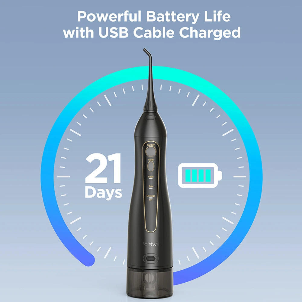 Fairywill Portable Dental Water Flosser Oral Irrigator USB Rechargeable Water Floss Jet Tooth Pick 7Tips 300ml Mouth washing ma