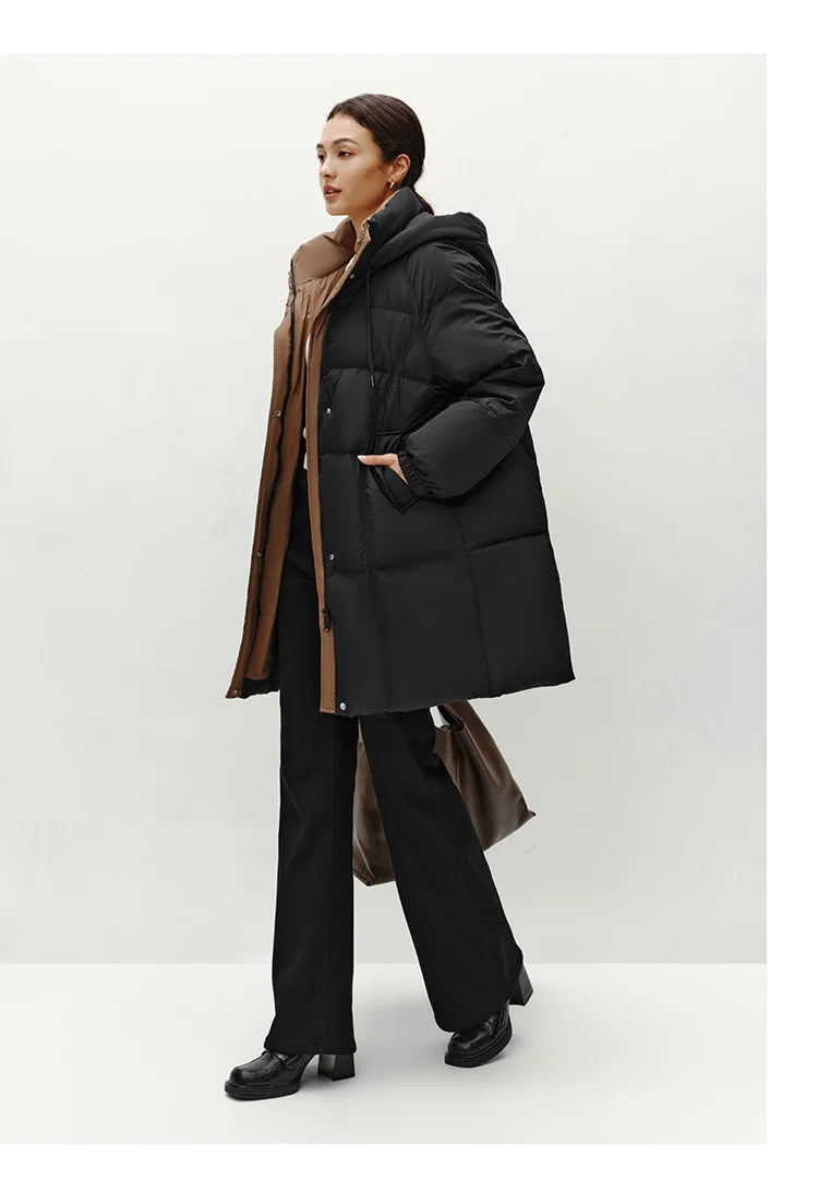 Semir Down Jacket Women Long Length Hooded Black Coat 2025 Winter New Loose Outerwear Fashion Women's down coat