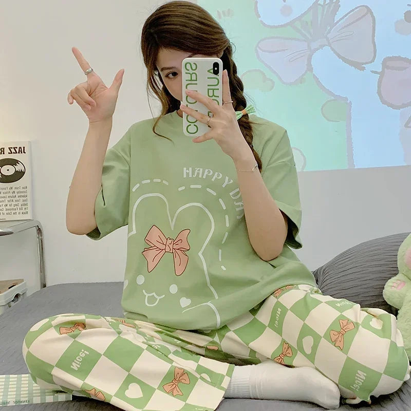 New Pajama Soft Cotton Pajamas for Women Summer Short Sleeved Plaid Pants Pijamas Korean Kawaii Rabbit Print Sleepwear