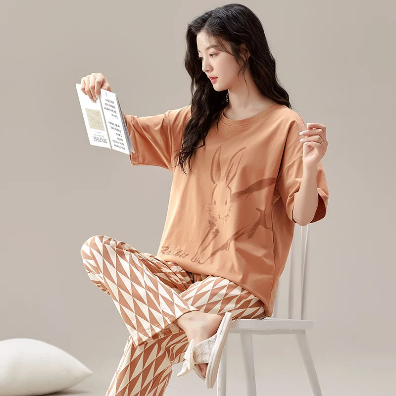 New Pajama Soft Cotton Pajamas for Women Summer Short Sleeved Plaid Pants Pijamas Korean Kawaii Rabbit Print Sleepwear