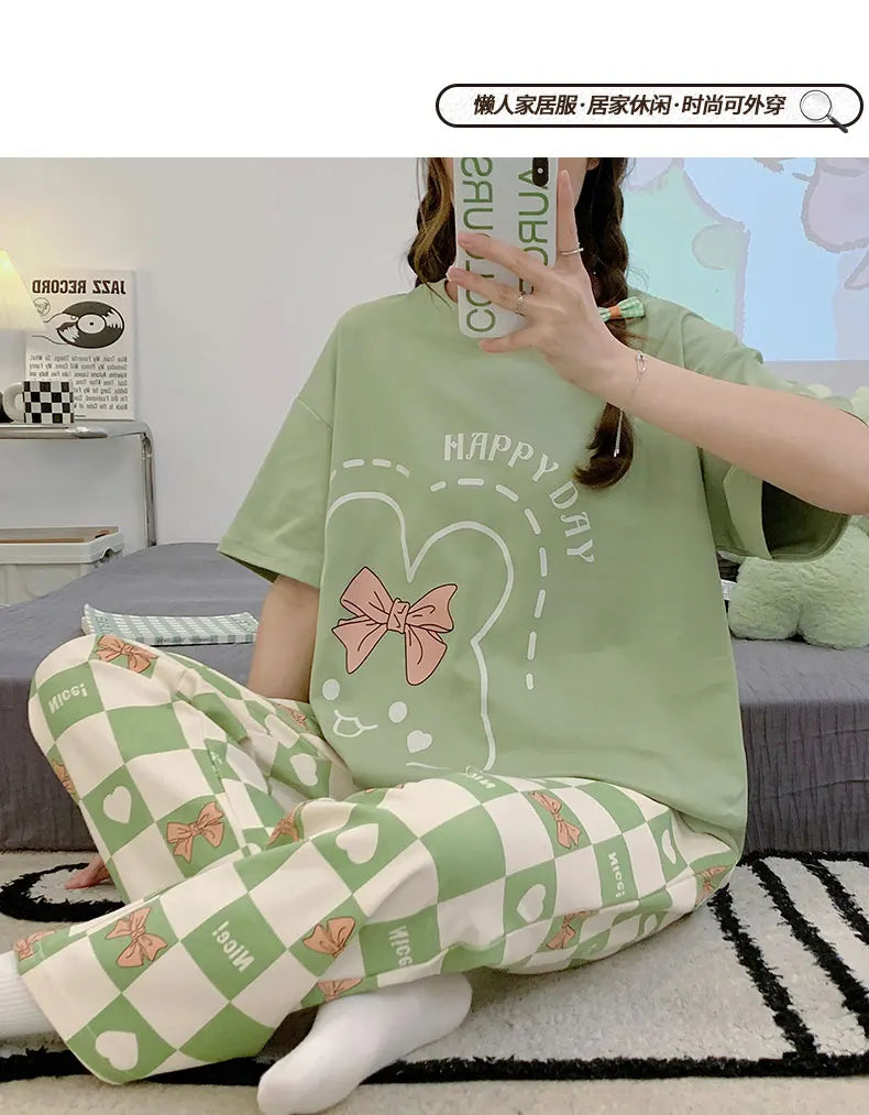 New Pajama Soft Cotton Pajamas for Women Summer Short Sleeved Plaid Pants Pijamas Korean Kawaii Rabbit Print Sleepwear