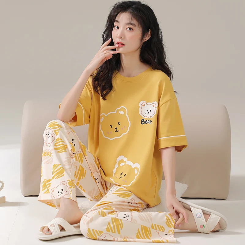 New Pajama Soft Cotton Pajamas for Women Summer Short Sleeved Plaid Pants Pijamas Korean Kawaii Rabbit Print Sleepwear