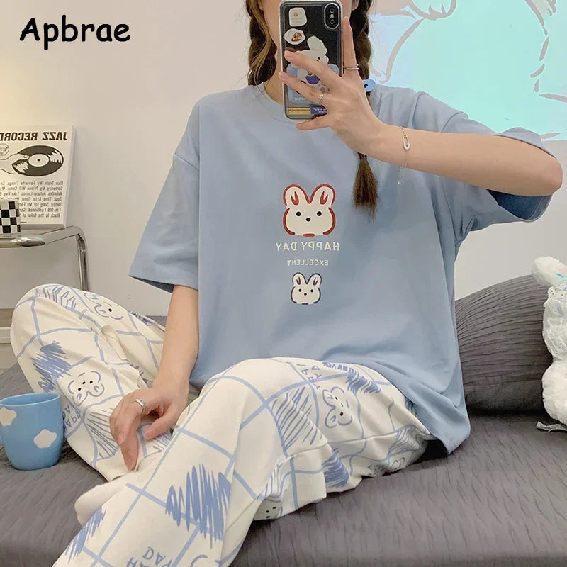 New Pajama Soft Cotton Pajamas for Women Summer Short Sleeved Plaid Pants Pijamas Korean Kawaii Rabbit Print Sleepwear