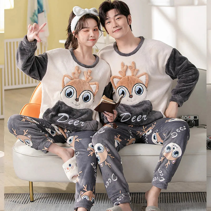 Couple Pajamas Set Winter Flannel Pyjamas Women Home Wear Nightwear 2Pcs Men's Sleepwear Cartoon Panda Pijama Warm Clothes Suit