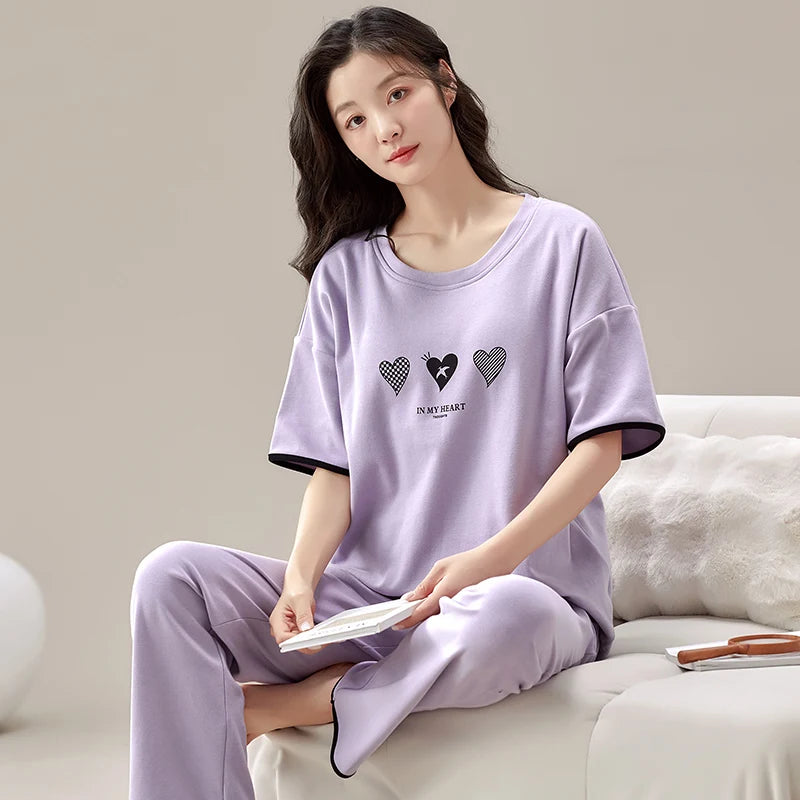 New Pajama Soft Cotton Pajamas for Women Summer Short Sleeved Plaid Pants Pijamas Korean Kawaii Rabbit Print Sleepwear