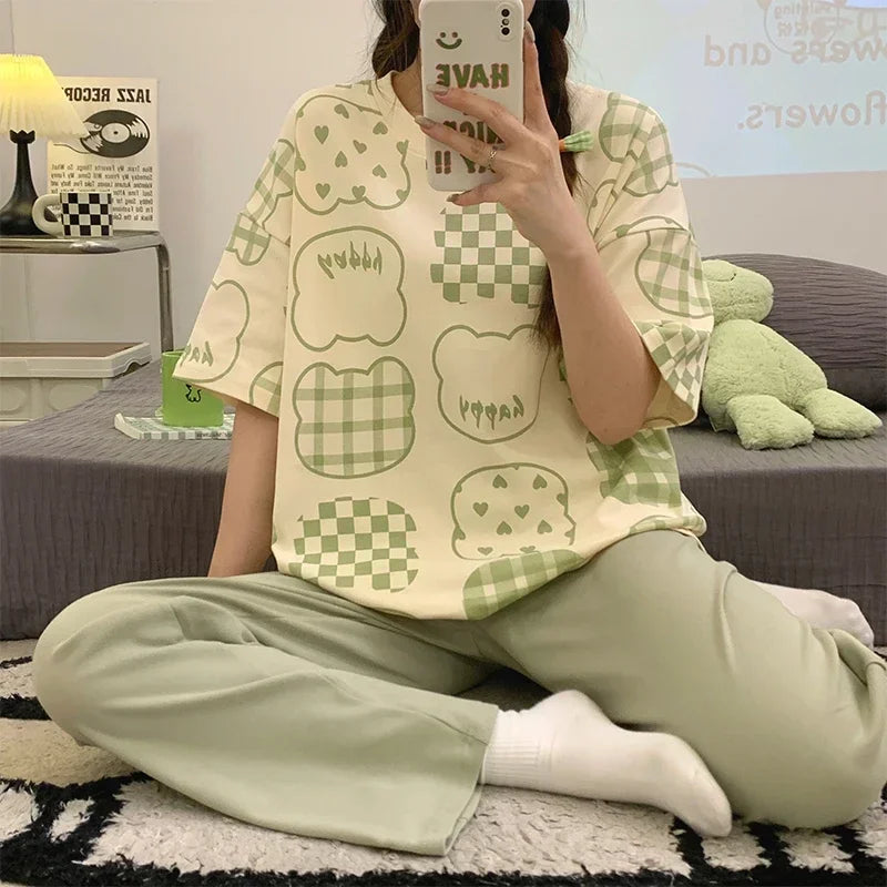 New Pajama Soft Cotton Pajamas for Women Summer Short Sleeved Plaid Pants Pijamas Korean Kawaii Rabbit Print Sleepwear
