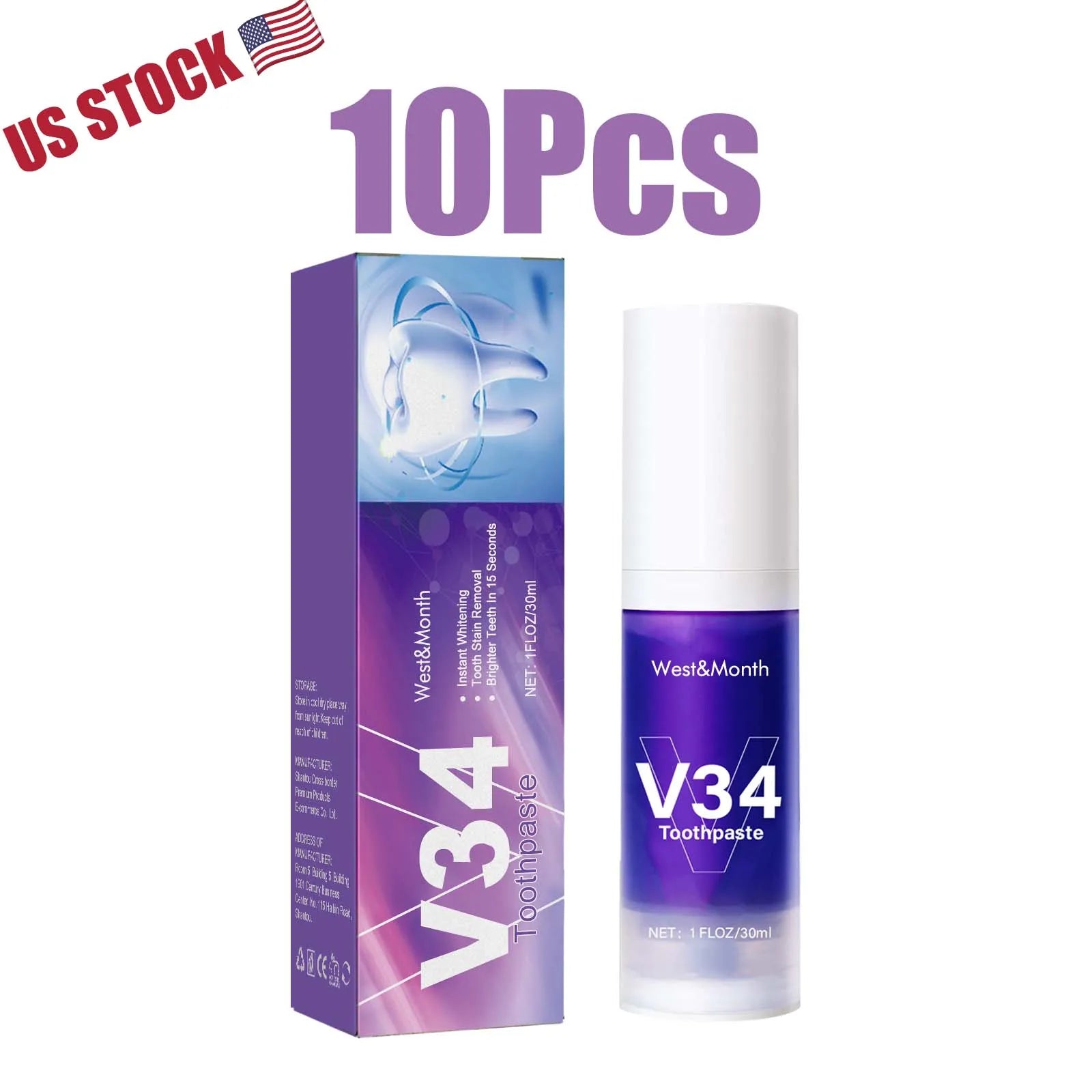 V34 Teeth Whitening Mousse, Purple Color Corrector Toothpaste, Dental Care, 30ml