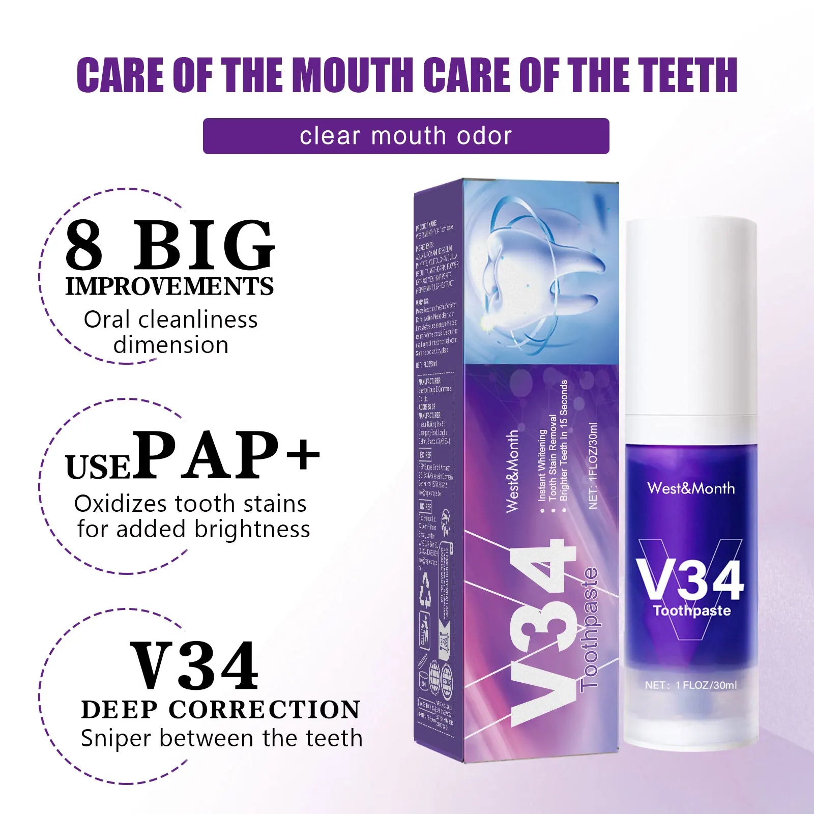 V34 Teeth Whitening Mousse, Purple Color Corrector Toothpaste, Dental Care, 30ml