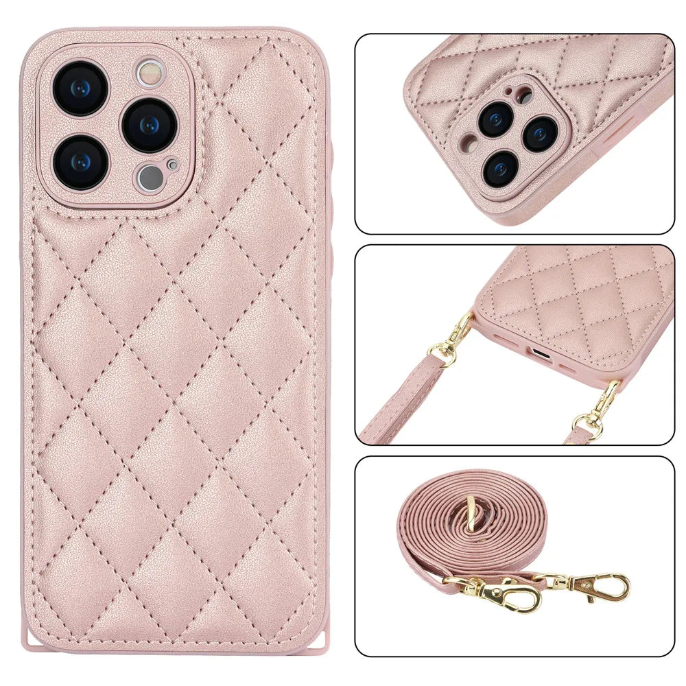 Luxury Long Lanyard Crossbody Leather Phone Case For iPhone 15 14 13 12 11 Pro Max XS XR Adjustable Shoulder Strap Leather Cover
