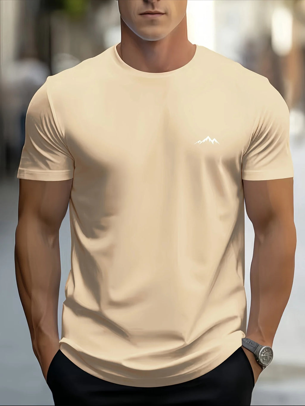 Men's summer 100% pure cotton fashionable casual sports loose mountain print round neck short sleeved T-shirt top