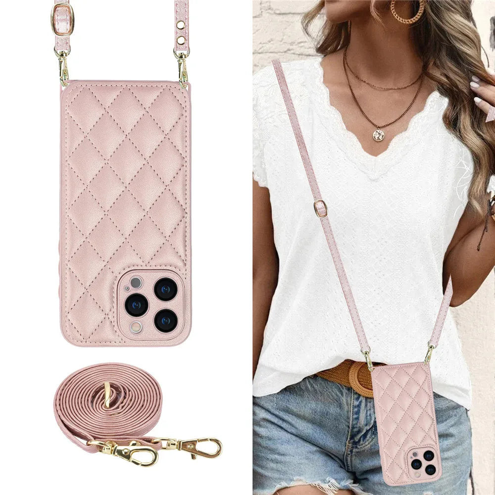 Luxury Long Lanyard Crossbody Leather Phone Case For iPhone 15 14 13 12 11 Pro Max XS XR Adjustable Shoulder Strap Leather Cover