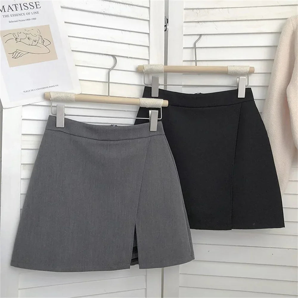 Korean Fashion Zipper All Matched Shorts Skirts vintage for women 2025 Black Grey Irregular Skirt A-line Women High Waist Skirt