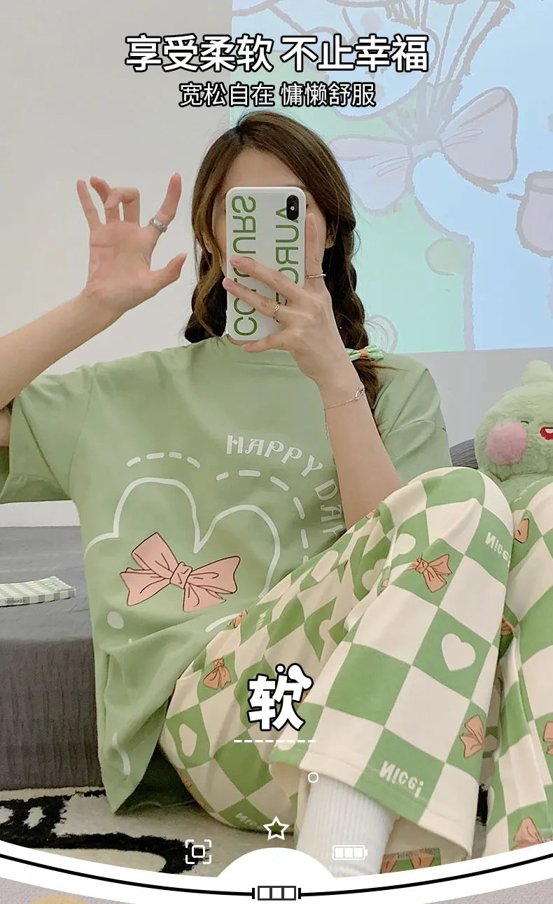 New Pajama Soft Cotton Pajamas for Women Summer Short Sleeved Plaid Pants Pijamas Korean Kawaii Rabbit Print Sleepwear