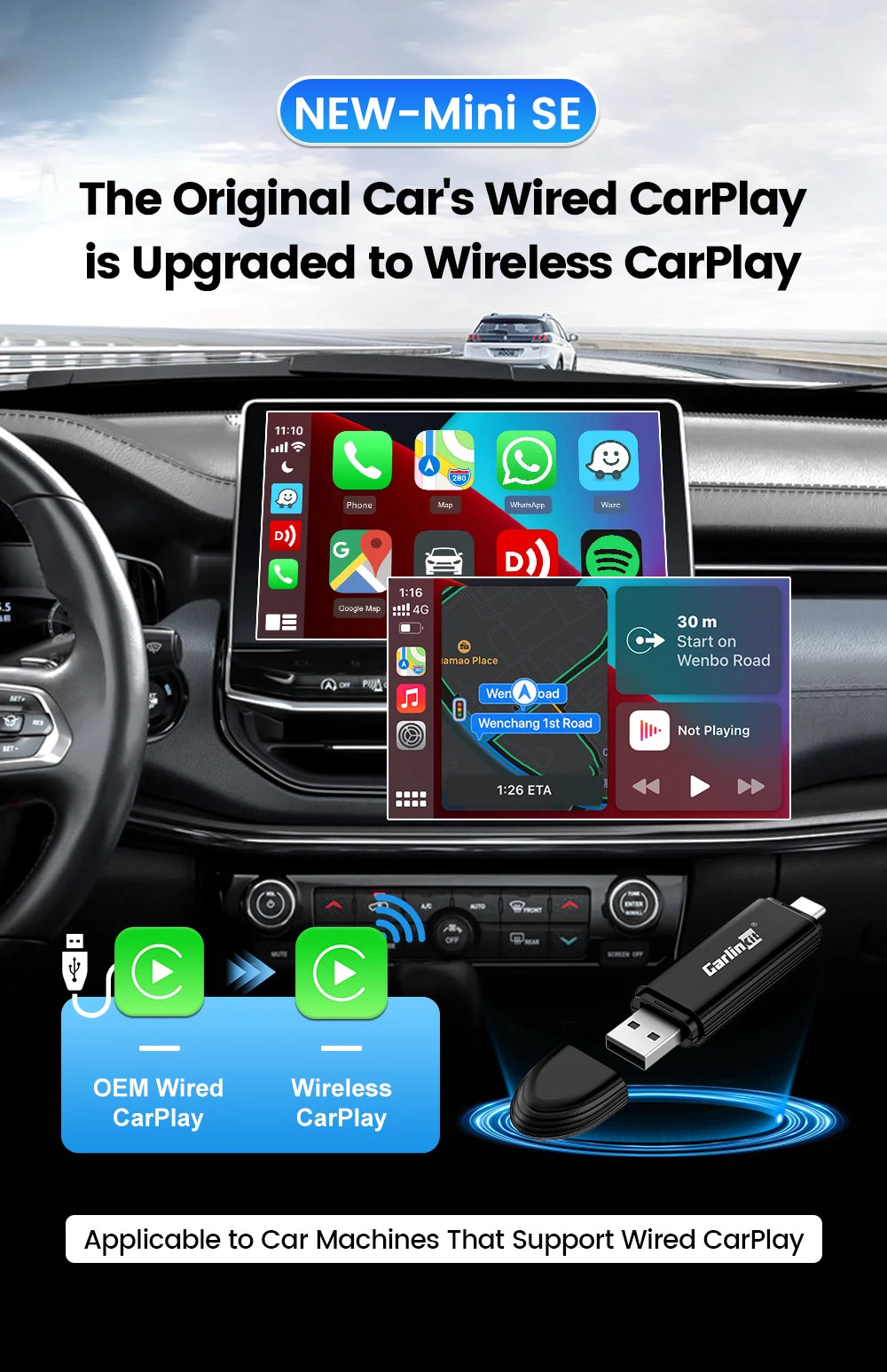CarlinKit Mini 5 SE Wired To Wireless CarPlay Adapter 5Ghz WiFI Bluetooth Auto-Connect Online Upgrade Easy Setup Smart Car Box