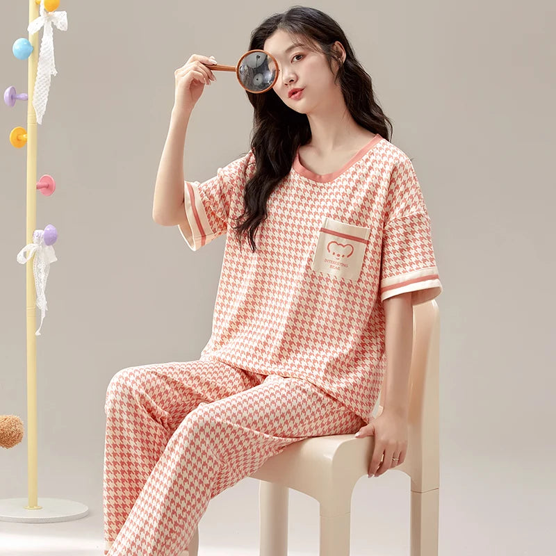 New Pajama Soft Cotton Pajamas for Women Summer Short Sleeved Plaid Pants Pijamas Korean Kawaii Rabbit Print Sleepwear