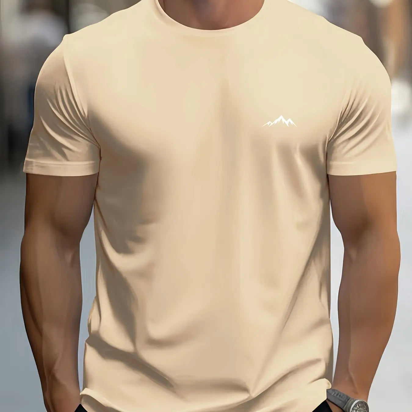 Men's summer 100% pure cotton fashionable casual sports loose mountain print round neck short sleeved T-shirt top
