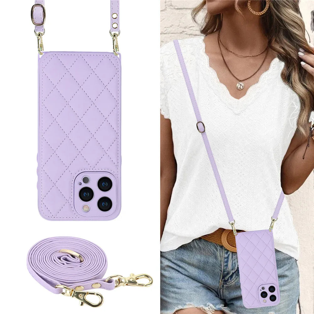 Luxury Long Lanyard Crossbody Leather Phone Case For iPhone 15 14 13 12 11 Pro Max XS XR Adjustable Shoulder Strap Leather Cover