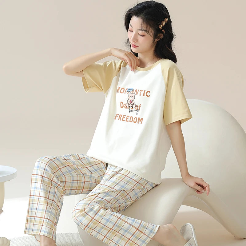 New Pajama Soft Cotton Pajamas for Women Summer Short Sleeved Plaid Pants Pijamas Korean Kawaii Rabbit Print Sleepwear
