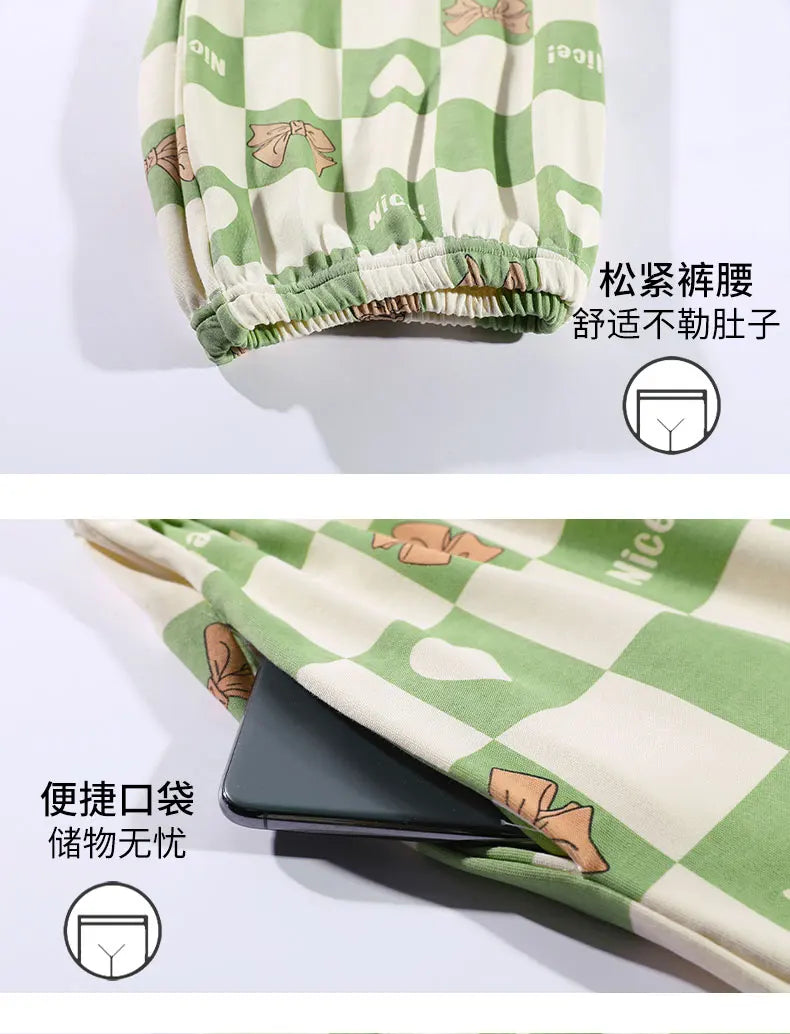 New Pajama Soft Cotton Pajamas for Women Summer Short Sleeved Plaid Pants Pijamas Korean Kawaii Rabbit Print Sleepwear