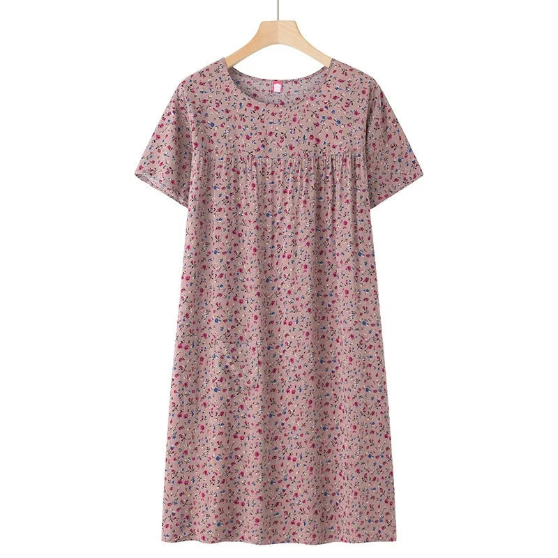 Middle-Aged and Elderly Short Sleeve Nightdresses Women Pajamas Summer Thin Loose Dresses Printed Ladies Sleepwear Homewear
