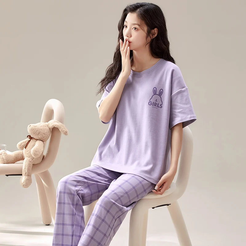 New Pajama Soft Cotton Pajamas for Women Summer Short Sleeved Plaid Pants Pijamas Korean Kawaii Rabbit Print Sleepwear