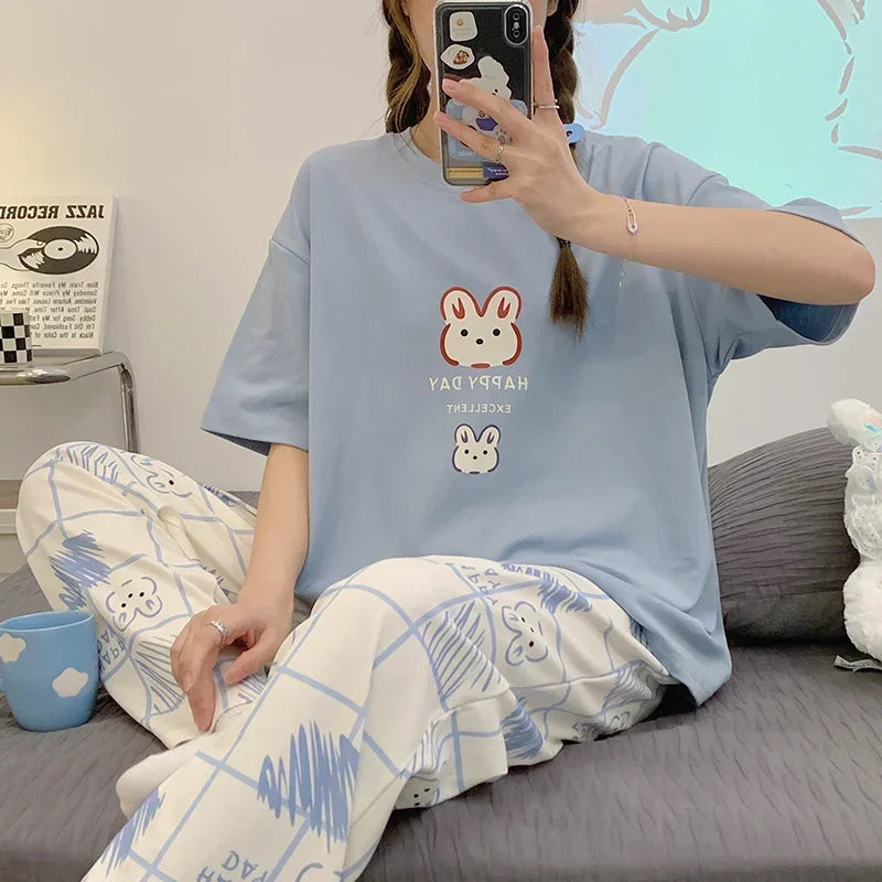 New Pajama Soft Cotton Pajamas for Women Summer Short Sleeved Plaid Pants Pijamas Korean Kawaii Rabbit Print Sleepwear