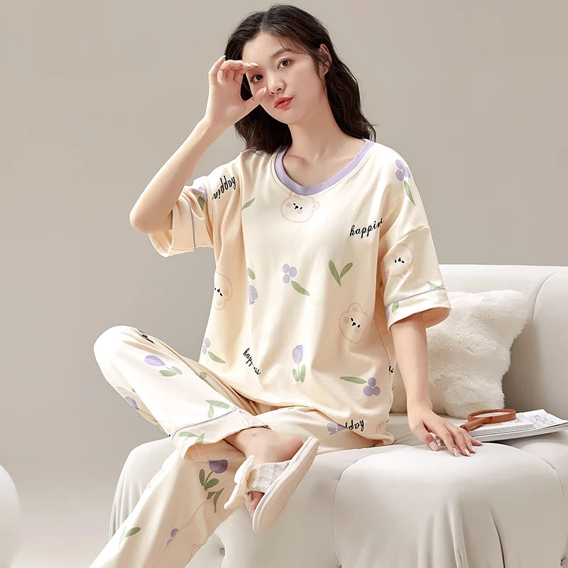 New Pajama Soft Cotton Pajamas for Women Summer Short Sleeved Plaid Pants Pijamas Korean Kawaii Rabbit Print Sleepwear