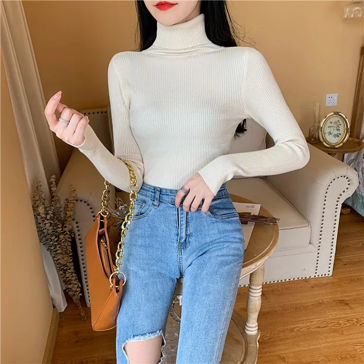 2026 Autumn Winter Women Long Sleeve Knitted Foldover Turtleneck Ribbed Pull Sweater Soft Warm Femme Jumper Pullover Clothes