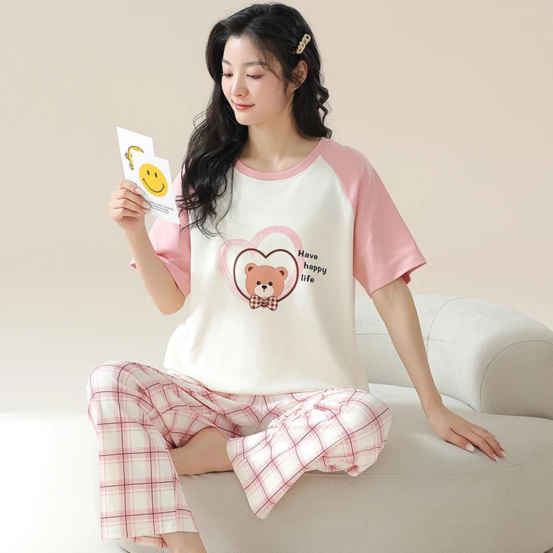 New Pajama Soft Cotton Pajamas for Women Summer Short Sleeved Plaid Pants Pijamas Korean Kawaii Rabbit Print Sleepwear