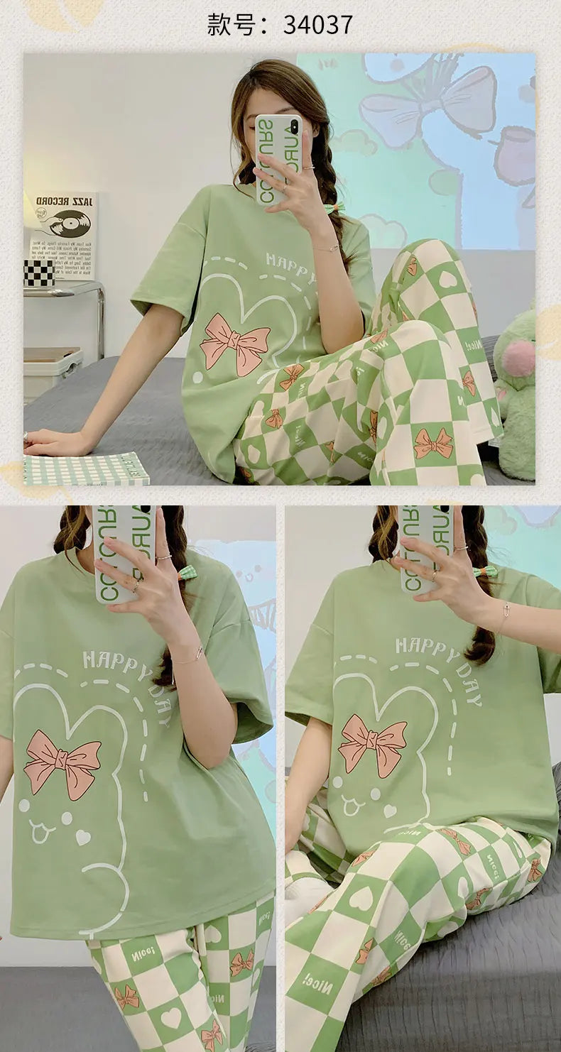 New Pajama Soft Cotton Pajamas for Women Summer Short Sleeved Plaid Pants Pijamas Korean Kawaii Rabbit Print Sleepwear